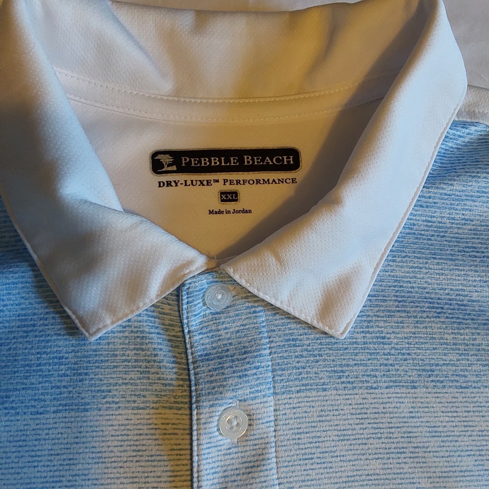 Men's‎ Pebble Beach Polo Shirt Dry Luxe Performance XXL White & Teal Blue Golf